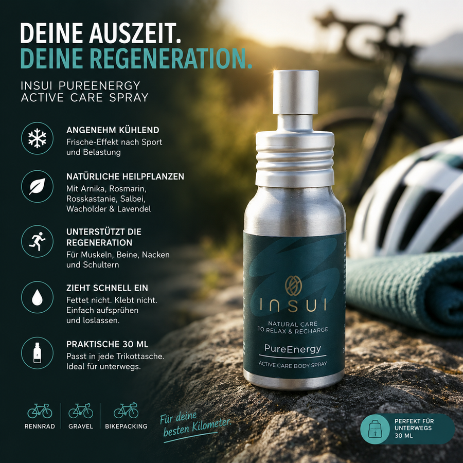 INSUI PureEnergy Regenerationsspray 30 ml für Radfahrer – kühlende Muskelpflege nach Rennrad-, Gravel- und Bikepacking-Touren