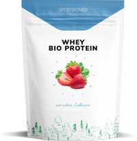 Sportbionier Whey Bio Protein Erdbeere – Produktpackung mit Erdbeer-Illustration und Bio-Molkenprotein