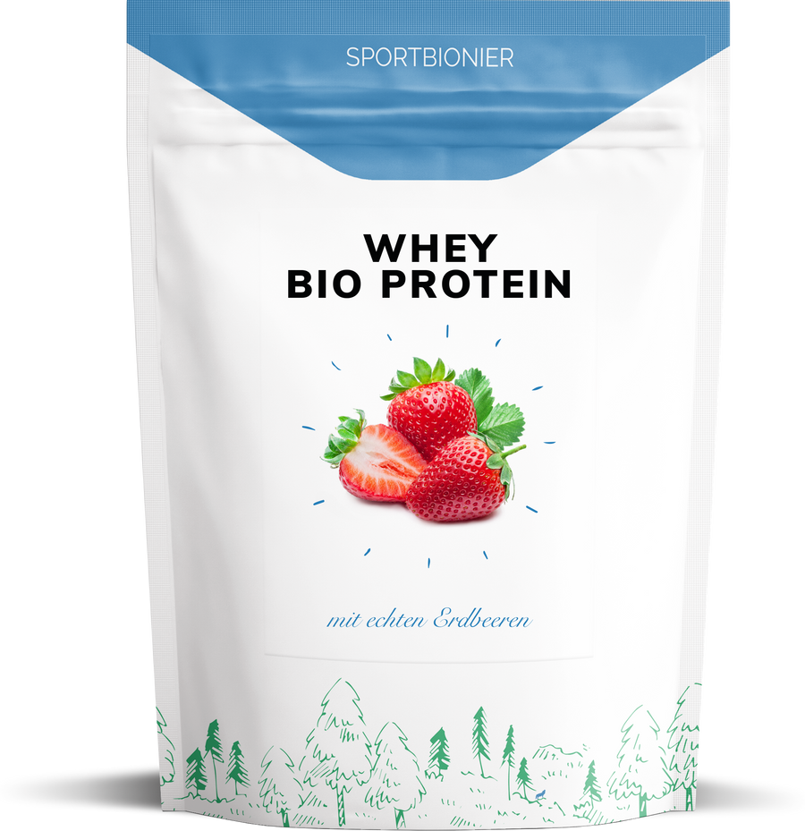 Sportbionier Whey Bio Protein Erdbeere – Produktpackung mit Erdbeer-Illustration und Bio-Molkenprotein