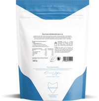 Rückseite der Sportbionier Whey Bio Protein Erdbeere Packung mit Nährwerttabelle, Zutatenliste, Zubereitungshinweisen und Herstellerinformationen