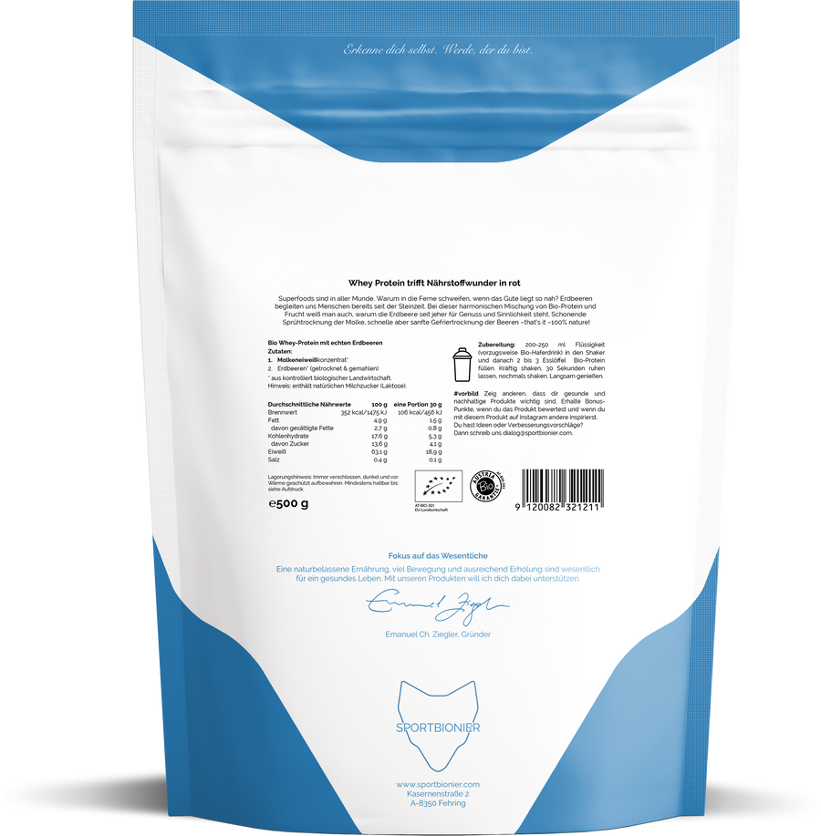 Rückseite der Sportbionier Whey Bio Protein Erdbeere Packung mit Nährwerttabelle, Zutatenliste, Zubereitungshinweisen und Herstellerinformationen