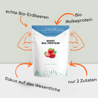 Sportbionier Whey Bio Protein Erdbeere – Produktpackung mit echten Bio-Erdbeeren, Bio Molkenprotein und hervorgehobenen Vorteilen wie nur zwei Zutaten und Fokus auf das Wesentliche