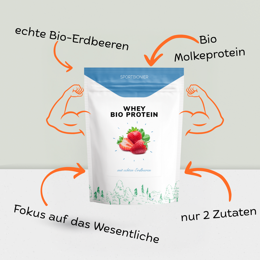 Sportbionier Whey Bio Protein Erdbeere – Produktpackung mit echten Bio-Erdbeeren, Bio Molkenprotein und hervorgehobenen Vorteilen wie nur zwei Zutaten und Fokus auf das Wesentliche