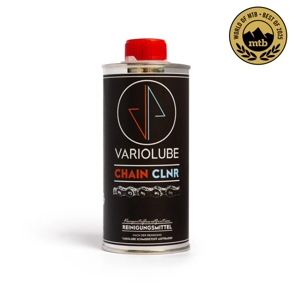 Variolube Chain CLNR Kettenreiniger in 250-ml-Dose, Frontansicht mit rotem Verschluss. Aceton
