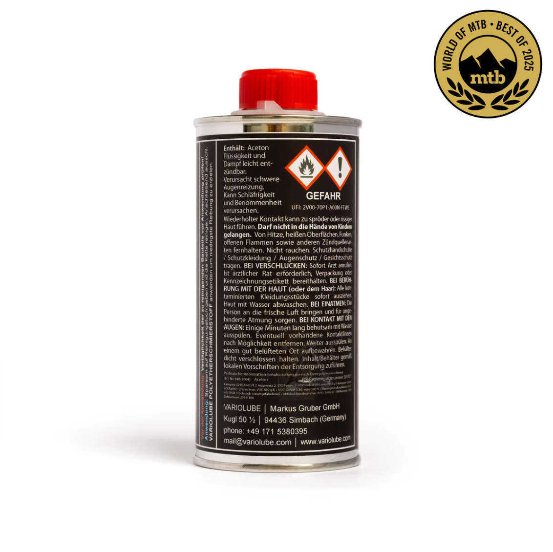 Rückseite der Variolube Chain CLNR 250-ml-Dose mit Gefahrenhinweisen und Inhaltsangaben. Aceton