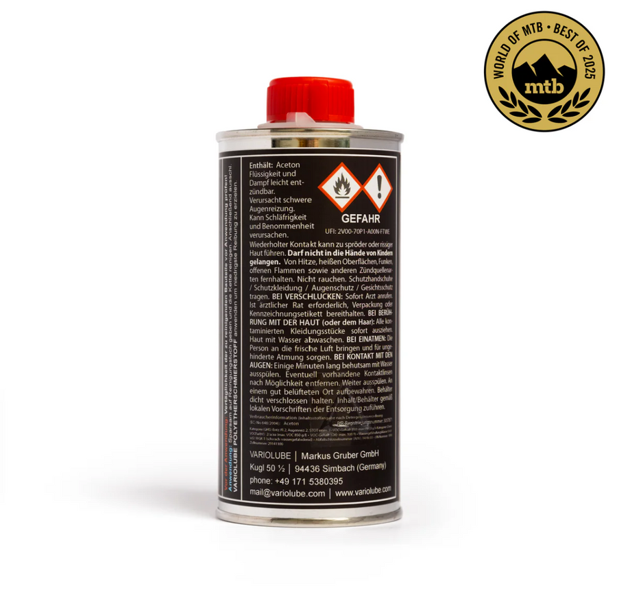 Rückseite der Variolube Chain CLNR 250-ml-Dose mit Gefahrenhinweisen und Inhaltsangaben. Aceton